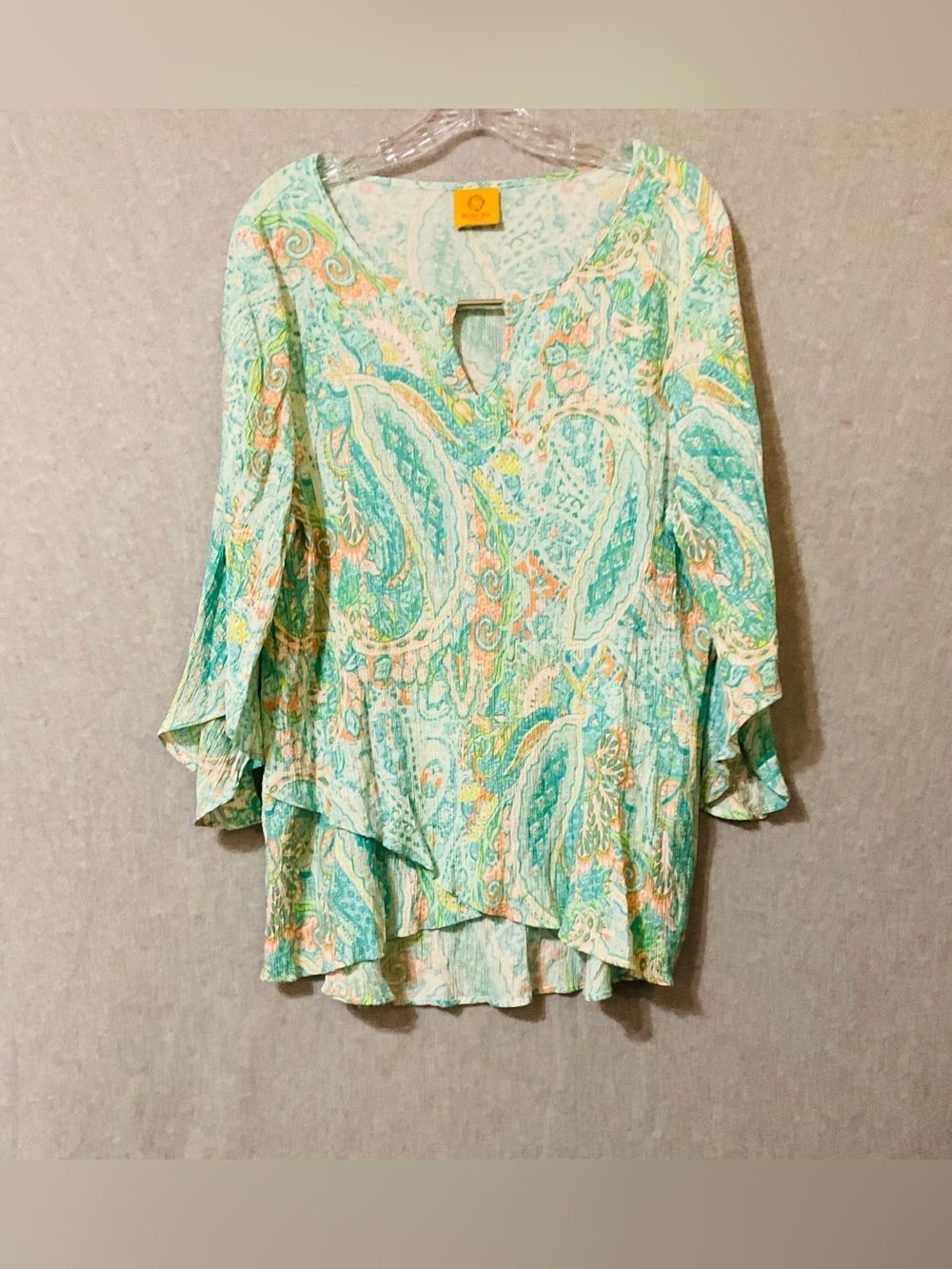 Ruby Rd. Mint Paisley Ruffled V-Neck Blouse Sz XL